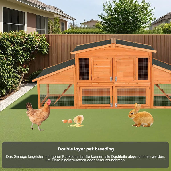 English Elm Extra-large Fir Wood Rabbit Hutch Two Story Outdoor Home with Asphalt Roof and Pull Tray W3921S00003