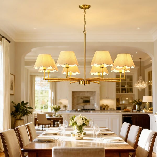 English Elm 8-light Gold Rope Wrapped Fabric Shade Chandelier for Dining and Living Rooms W5008P391581