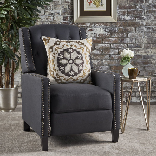 English Elm Classic Club Chair in Dark Grey Fabric with Birch Legs and Push Back Recline 61371.00