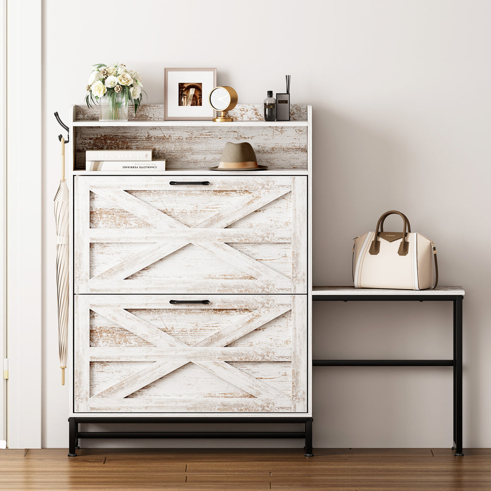 English Elm Shoe Organizer Cabinet with Anti-Tip Safety, Slim Entryway Storage Rack with Open Top Shelf for Keys and Decor White W2896P215176