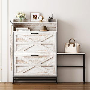 English Elm Shoe Organizer Cabinet with Anti-Tip Safety, Slim Entryway Storage Rack with Open Top Shelf for Keys and Decor White W2896P215176