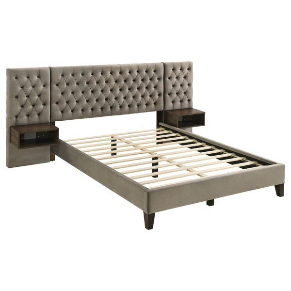 English Elm Kiah Oversized Tufted Light Brown Queen Wall Panel Bed with Foam Upholstery and Floating Nightstands B062S00617