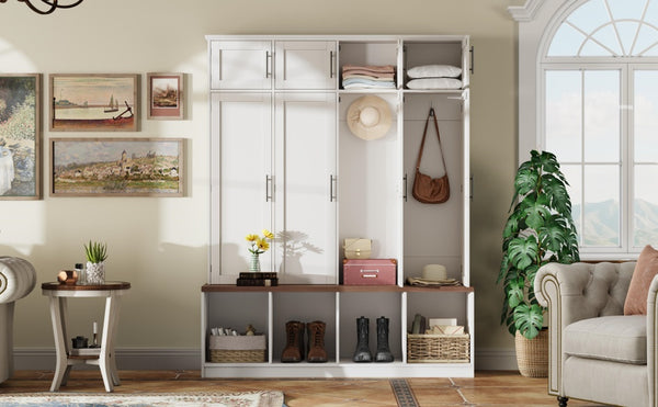 English Elm Farmhouse Hall Tree with Triple Arch Back Panel Eight Hooks Drawers and Entryway Bench White N721S000059K-1