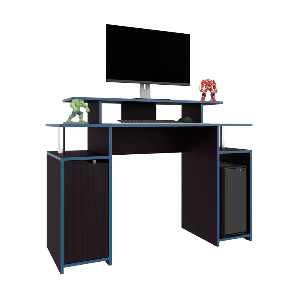 English Elm Gaming Desk Black Wengue with Blue Edge — Compact Engineered Wood, 1 Door & 6 Shelves, Durable Stylish Setup B097P350283