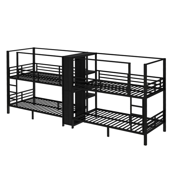 English Elm Twin Quadruple Metal Bunk Bed with Central Closet, Shelves & Wardrobe for Space-Saving Dormitory Living Black W1580S00154