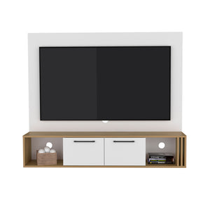 English Elm Louisburg Entertainment Center with White & Macadamia Finish, Closed Cabinets, Open Shelves, Cable Management (97) B092P286124