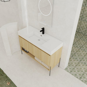 English Elm 48" Oak Bathroom Vanity Combo with One-Piece Resin Sink, Tripod Legs, Multi-Layer Solid Wood Cabinet W1972S00010