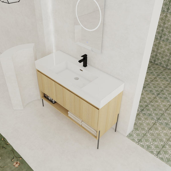 English Elm 48" Oak Bathroom Vanity Combo with One-Piece Resin Sink, Tripod Legs, Multi-Layer Solid Wood Cabinet W1972S00010