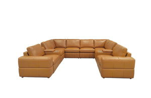 English Elm Premium Leather Match L-shaped Sectional with Dual Recliners and Built-in Console Ginger B2748S00156