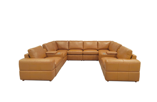 English Elm Premium Leather Match L-shaped Sectional with Dual Recliners and Built-in Console Ginger B2748S00156