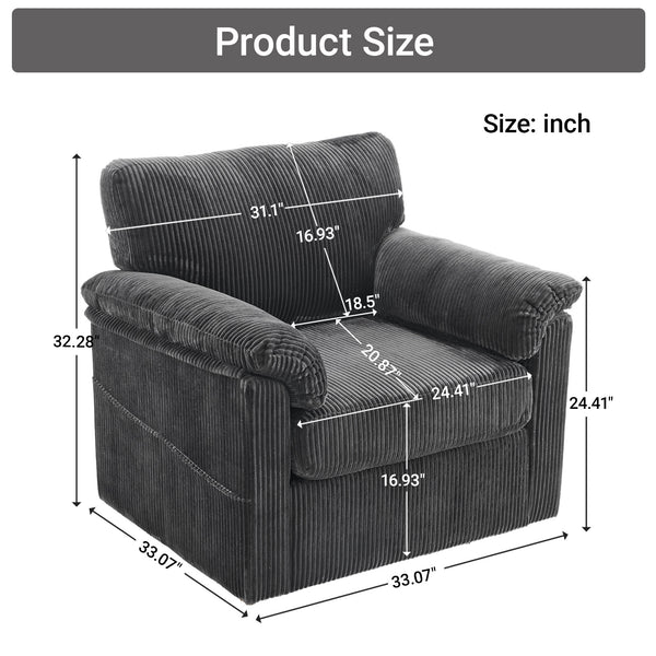 English Elm 33 Inch Oversized Swivel Corduroy Lounge Chair with Plush Chenille Cushioning and Support Springs Grey W1829P265016