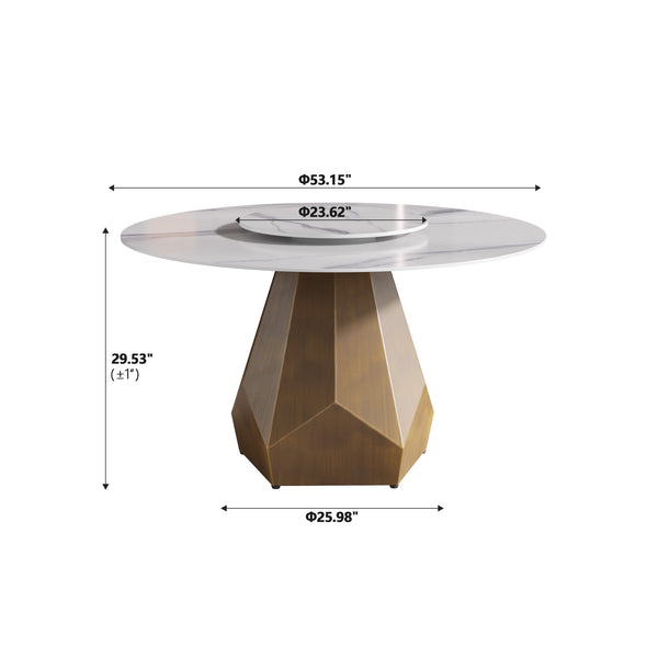 English Elm 53" Round Marble Dining Table With Metal Base - Seats 6, Stylish White Turntable & Easy Care! W1535S00368