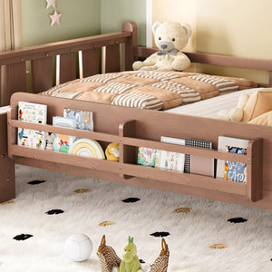 English Elm Twin Pine Floor Bed for Kids with Side Bookcases Built-in Stairs and Safety Guardrails Natural W1580P390225