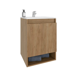 English Elm Wright Compact Wall-Mounted Bathroom Vanity with Integrated Sink, 2 Doors, Open Shelf, Oak Finish B128S00193