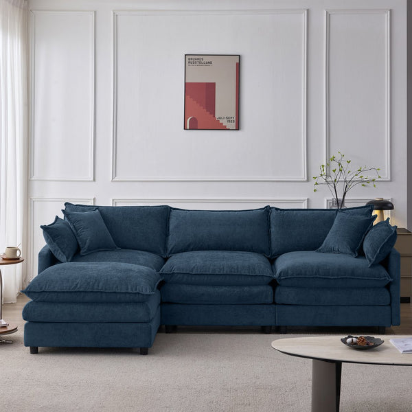 English Elm 105" L-shaped Chenille Sectional with Ottoman Pocket Spring Living Room Sofa Blue W1097S00231