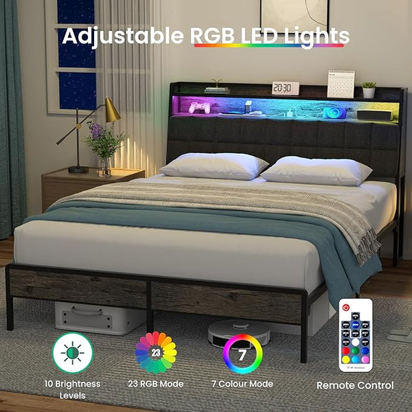 English Elm Full Bed Frame with Rgb Led Lighting Built-in Charging Shelved Headboard B2716P332041