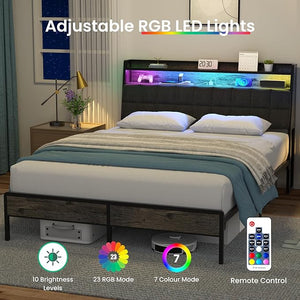 English Elm Queen Platform Bed Ergonomic Headboard Rgb Lighting Built-in Charging Storage B2716P332042