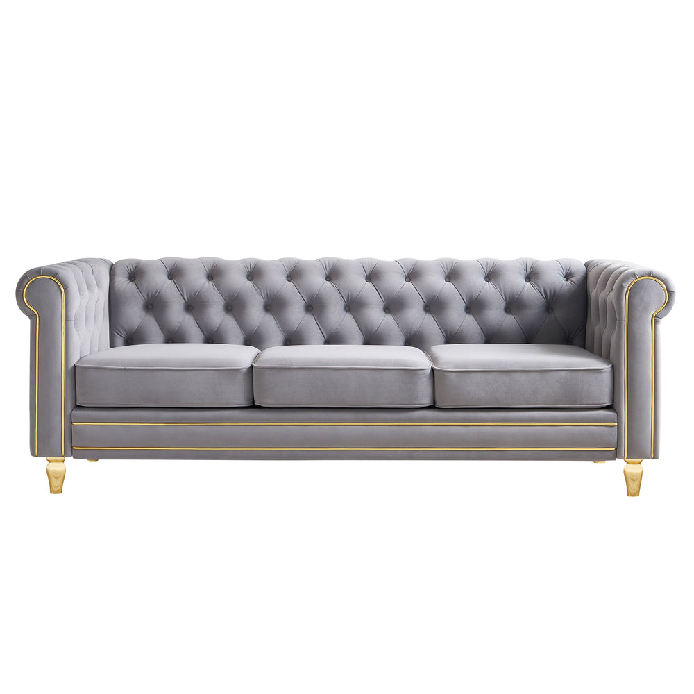 English Elm Chesterfield 84.65" Rolled Arm Velvet Sofa Light Grey with Gold Trim, Deep Tufting & Plush Seats W579P326878