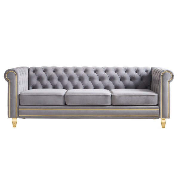 English Elm Chesterfield 84.65" Rolled Arm Velvet Sofa Light Grey with Gold Trim, Deep Tufting & Plush Seats W579P326878