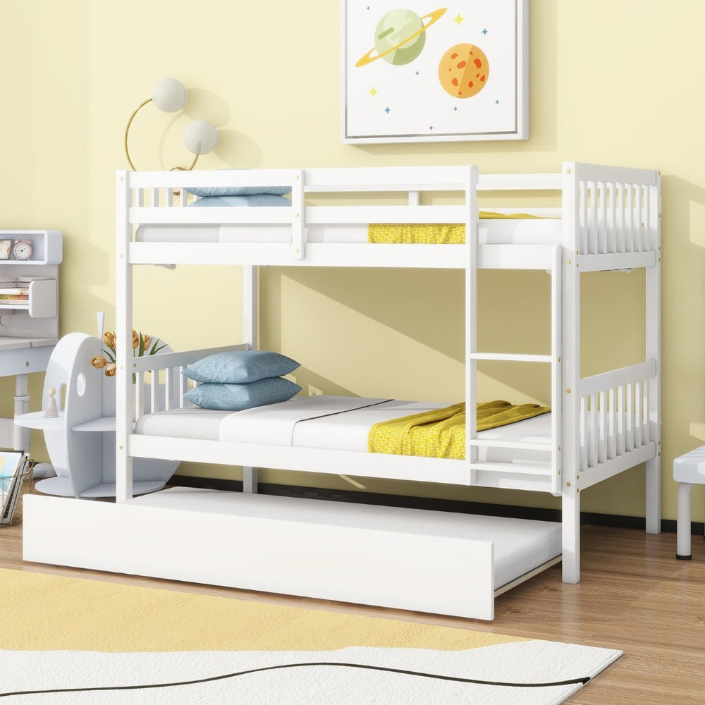 English Elm Twin Over Twin Bunk Bed With Trundle - Space-Saving, Convertible Design With Safety Guardrails, White Finish W504S00157-GIGA