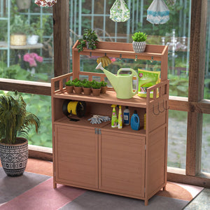 English Elm Potting Bench Fir Wood Outdoor Workstation with Cabinet Shelf and Tool Hooks W1850P201057