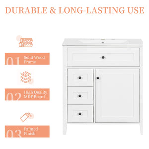 English Elm 30-Inch Contemporary Bathroom Vanity with Sink, MDF & Rubberwood, Glossy Finish, 3 Drawers + Cabinet White N725P350819K