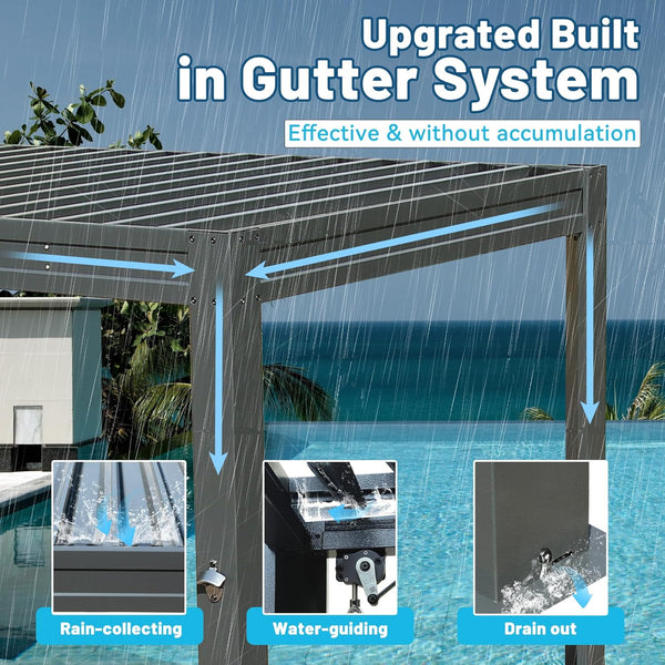 English Elm 8x5 Outdoor Hardtop Louvered Pergola Steel Grill Shelter with Gutter and Adjustable Roof Gray W1859S00176