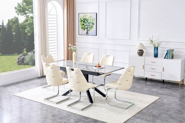 English Elm Modern Extendable Rectangular Dining Table with Scratch‑Resistant MDF Top and Matte Geometric Legs, Space‑Saving Centerpiece for Home or Office W3493S00008