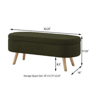 English Elm Luxury Boucle Oval Ottoman Bench with Hidden Storage Rubberwood Legs Entryway Seat Dark Green W2186P430721