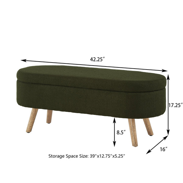 English Elm Luxury Boucle Oval Ottoman Bench with Hidden Storage Rubberwood Legs Entryway Seat Dark Green W2186P430721