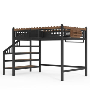 English Elm Full Size Metal Loft Bed with Stair Storage Shelves Bookshelf for Dorms Bedroom W1580S00378