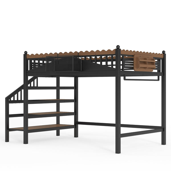 English Elm Full Size Metal Loft Bed with Stair Storage Shelves Bookshelf for Dorms Bedroom W1580S00378