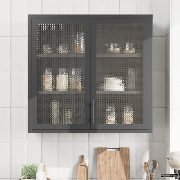 English Elm Retro Wall-Mounted Cabinet With Hazy Glass Doors & Adjustable Shelves For Stylish Home Storage Solutions W2378P176276-GIGA