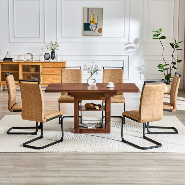 English Elm Expandable Walnut Mdf Dining Set Seats Eight with Six Fabric Chairs on Metal Legs W1151S04708