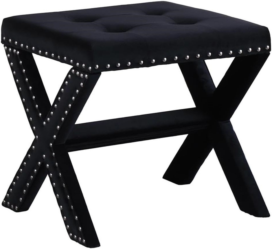 English Elm Velvet Small Tufted Accent Bench with Nailhead Trim and X-Leg Frame, Plush Foam Seat for Entryway Black 20 L x 19 W x 7 H B011P357421