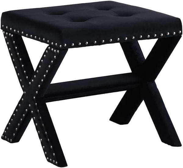 English Elm Velvet Small Tufted Accent Bench with Nailhead Trim and X-Leg Frame, Plush Foam Seat for Entryway Black 20 L x 19 W x 7 H B011P357421