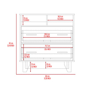 English Elm Portobelo modern two-drawer dresser with open shelves, sturdy top & four legs for stylish storage and display Black 36 L x 21 W x 4 H B128S00109