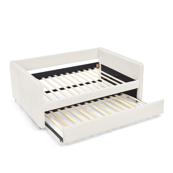 English Elm Daybed With Trundle – Elegant Tufted Full Size Sofa Bed In Beige Boucle, Perfect For Guests & Relaxing W1413S00093