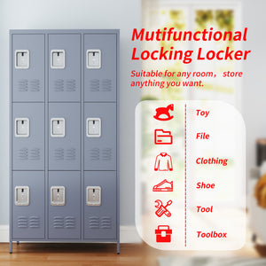 English Elm 9 Compartment Steel Locker Tower Powder Coated Gray for Gym Office or Bedroom T2398P251437