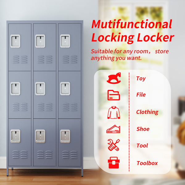 English Elm 9 Compartment Steel Locker Tower Powder Coated Gray for Gym Office or Bedroom T2398P251437