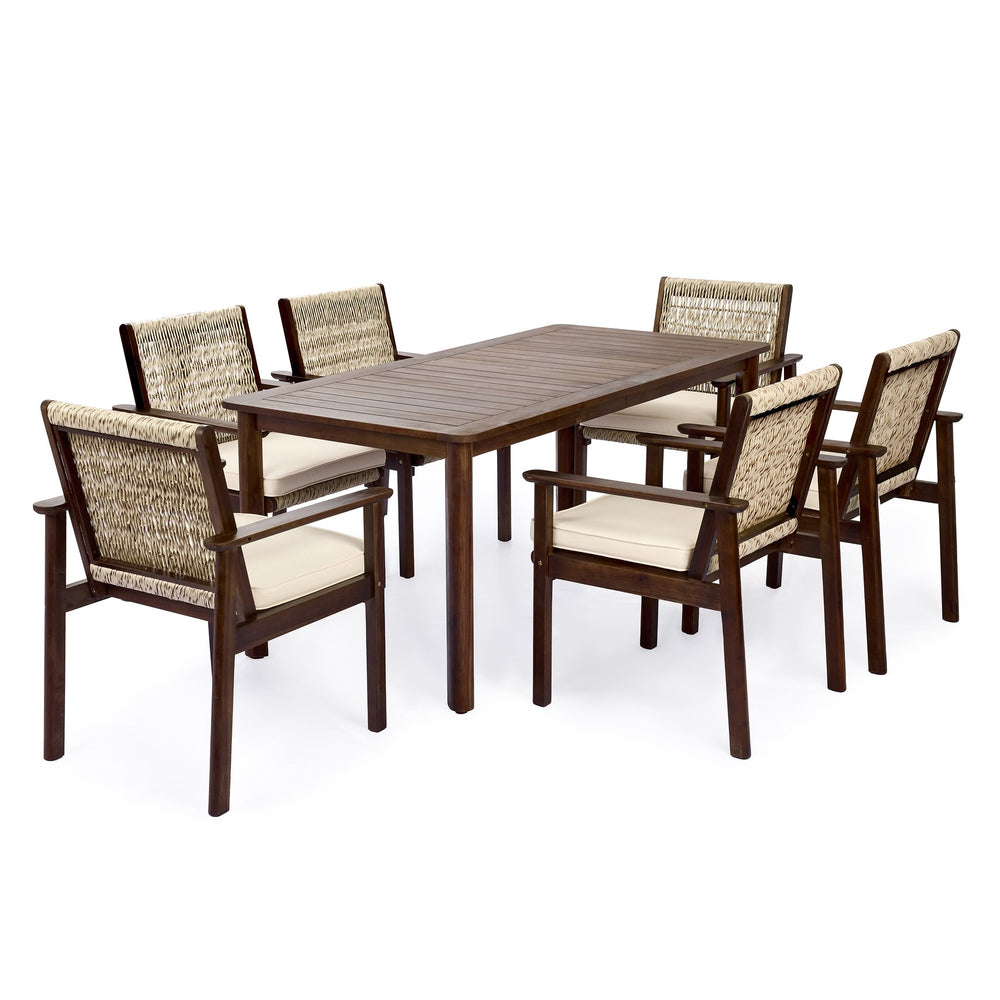 English Elm 7 Piece Outdoor Acacia Wood Dining Set Wicker Slatted Table Cushioned Patio Chairs Beige,Dark Brown N768P374497B_6_N768P374498B
