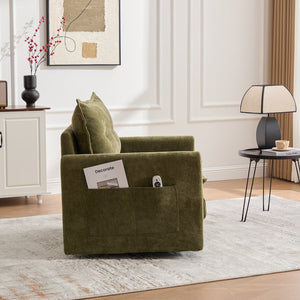 English Elm UNITED Swivel Barrel Chair with Chenille Upholstery, 360° Smooth Rotation, Padded Arm Comfort and Side Pockets for Living Room Relaxation Olive Green W1568P290086