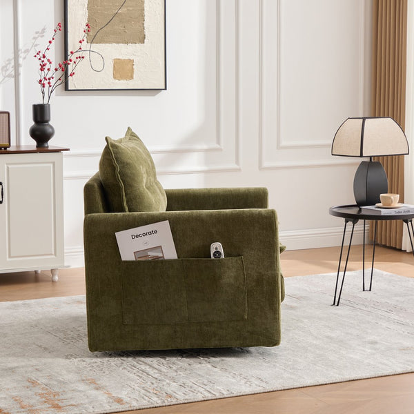 English Elm UNITED Swivel Barrel Chair with Chenille Upholstery, 360° Smooth Rotation, Padded Arm Comfort and Side Pockets for Living Room Relaxation Olive Green W1568P290086