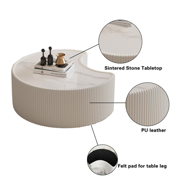 English Elm Light Sintered Stone Organic Sculptural Coffee Table with Leather Base for Living Room Cream White W3081P411152