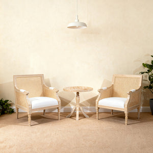 English Elm French Accent Chair Beige Upholstered Rattan Back Armchair — Vintage Solid Wood Reading Seat for Homes W3426P394275