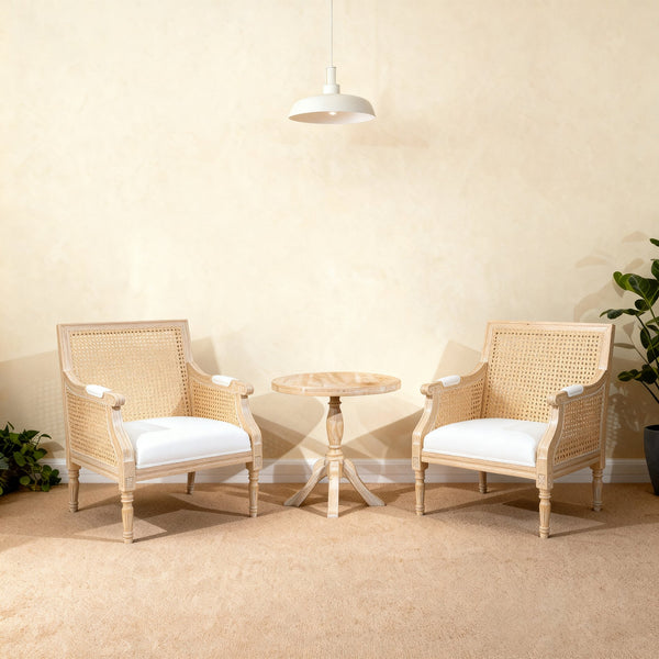 English Elm French Accent Chair Beige Upholstered Rattan Back Armchair — Vintage Solid Wood Reading Seat for Homes W3426P394275