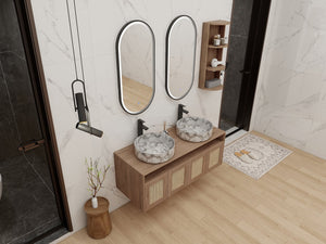 English Elm 48" Floating Bathroom Vanity Oak Finish Dual Ceramic Sinks Soft Close Plywood Cabinet W999S00506