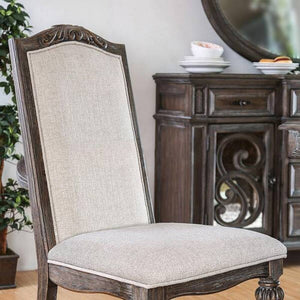 English Elm Elegant Round Pedestal Dining Set Carved Wood Table with Four Upholstered Side Chairs Ivory,Natural,Natural+Rustic B2741S00886