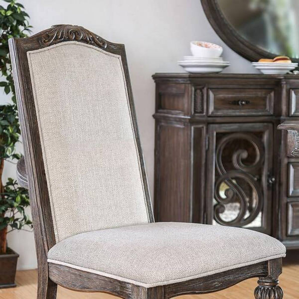 English Elm Elegant Round Pedestal Dining Set Carved Wood Table with Four Upholstered Side Chairs Ivory,Natural,Natural+Rustic B2741S00885
