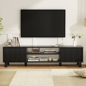 English Elm Modern Low Profile Media Console with Open Shelving and Concealed Cabinet Storage Black T3623P435424